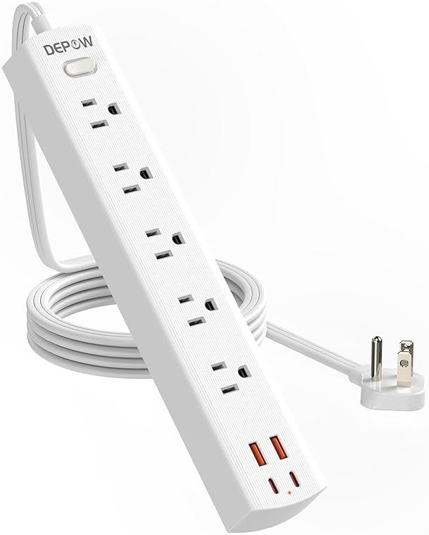DEPOW Power Strip Surge Protector with 5 AC Outlets(1625W/13A) 4 USB Ports (2 USB C), 5 Ft Ultra Thin Extension Cord, Low Profile Flat Plug, 1700 Joules, Wall Mount for Home Office, White - Product Image