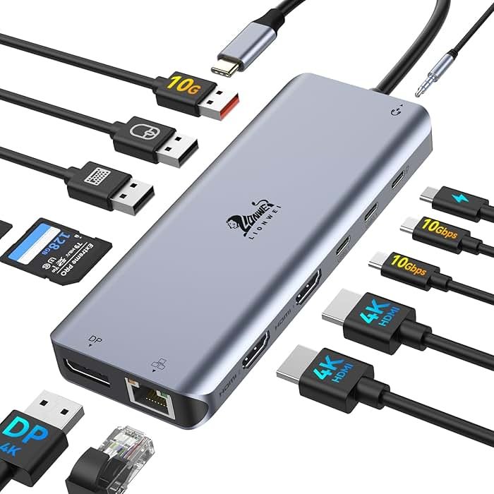 LIONWEI Laptop Docking Station 13 in 1 - Dual HDMI+DisplayPort+10Gbps, 6 USB C/A, 100W PD, Ethernet, SD/TF, Audio, USB C Hub for MacBook/Dell/HP/Surface - Product Image