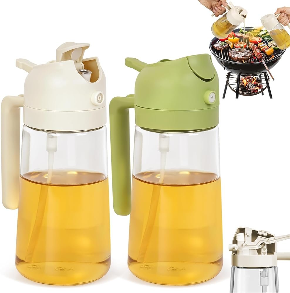 CJT 2 Pack Oil Dispenser Bottle for Kitchen, 2 in 1 Olive Oil Sprayer,16.5OZ/470ML Glass Oil Spray Bottle with Premium Nozzle for Cooking,Barbecue, Air Fryer, Salad(GREEN/WHITE) - Product Image
