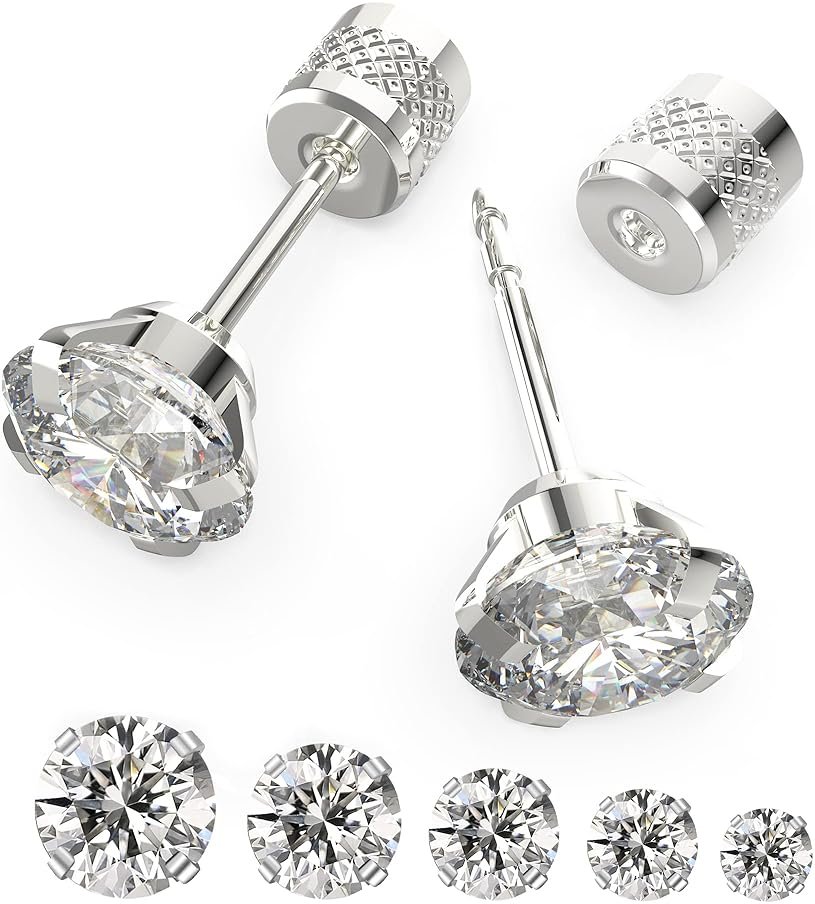 5-6 pairs Push-in Flat Back Stud Earrings Hypoallergenic Surgical Stainless Steel Cubic Zirconia Earrings Studs Set Multi-Pack, CZ Stud Earrings for Women Men Trendy Cartilage Stud Earrings 2-8mm - Product Image