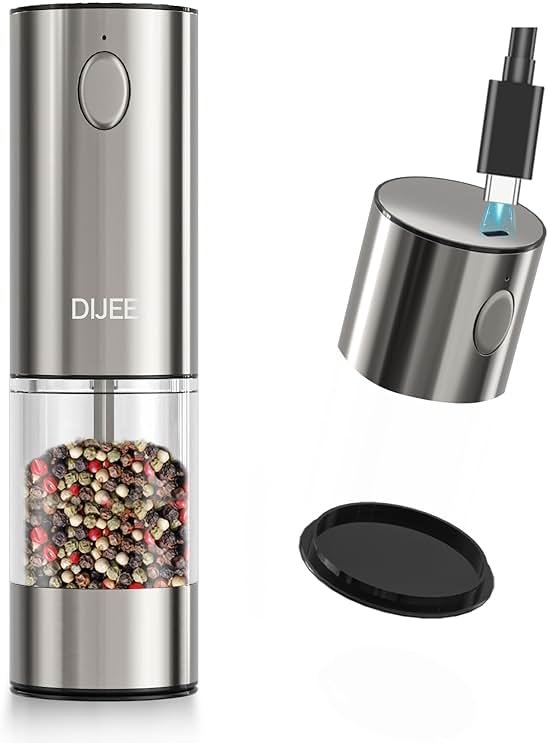 DIJEE Rechargeable Pepper Grinder Mill Electric Rechargeable Usb Type-C Salt and Pepper Grinder Set Automatic Large Capacity Automatic Salt Pepper Mill Grinder with LED Light for Kitchen, 1 Pack - Product Image