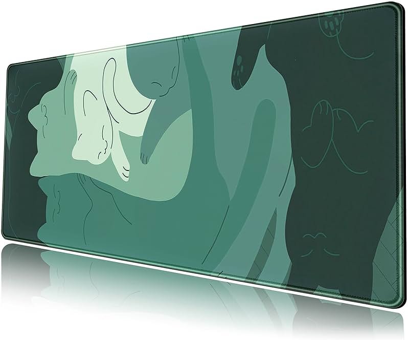 Cute Green Cat Desk Mat Extended Mouse Pad Large Gaming Mousepad XL Long Desk Pad Minimalist Laptop Keyboard Pad Deskmat Deskpad Desktop Mouse Mat Big 31.5"x11.8" with Stitched Edges - Product Image