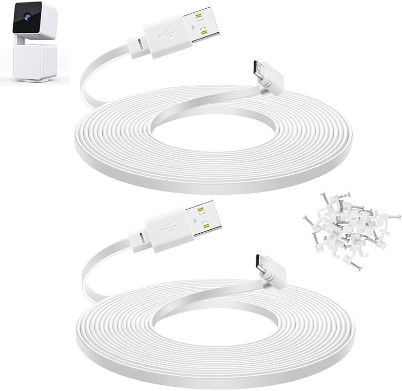 Smays 10 ft Cable for WYZE Cam Pan v3 Camera, Long Micro USB Flat Power Cord, 90 Degree 2-Pack, White - Product Image