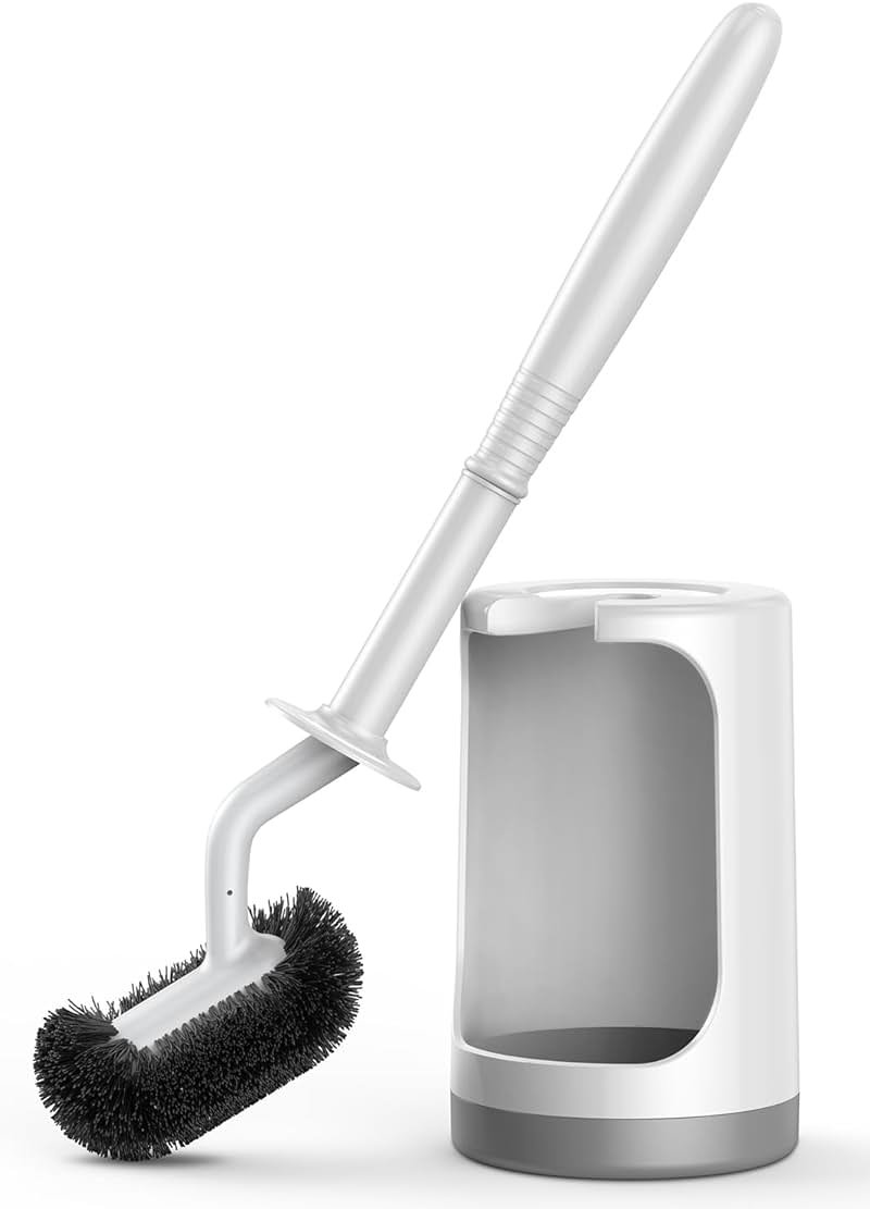 HAMITOR Toilet Bowl Brush Holder Set: Curved Design with Holder for Deep Cleaning Under Rim - Compact Hidden Scrubber for Small Space - Modern RV Bathroom Accessories - White 1 Pack - Product Image