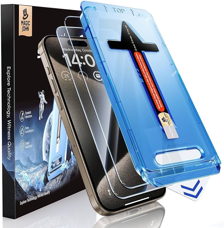 MAGIC JOHN 2 Pack for iPhone 15 Pro Max 6.7 inch Tempered Glass Screen Protector, Auto Dust-Elimination Installation, Bubble Free, Dynamic Island Compatible, HD Clear, Easy Installation - Product Image