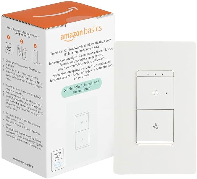 Amazon Basics Smart Ceiling Fan Control Switch, 4-Speed, Single Pole, Voice Control, Works with Alexa Only, Control from Anywhere, 2.4 GHz Wi-Fi, No Hub Required, White - Product Image