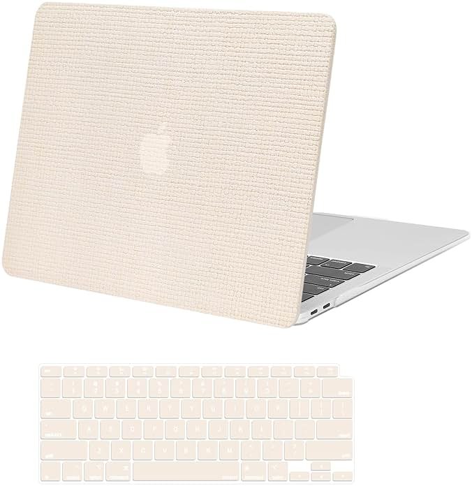 MOSISO Compatible with MacBook Air 13 inch Case 2022 2021 2020 2019 2018 A2337 M1 A2179 A1932, Reduces-Fingerprints Square Grid PU Leather Coated Plastic Hard Shell Case&Keyboard Cover, Beige - Product Image