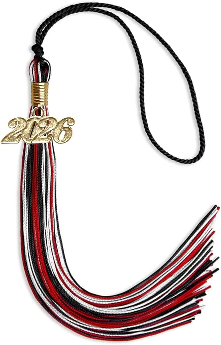 Endea Graduation Mixed Triple Color Tassel with Gold Date Drop (Black/Red/White, 2026) - Product Image