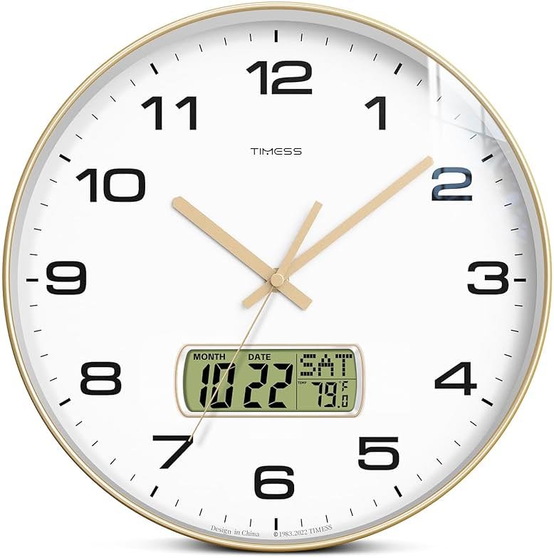 TIMESS Wall Clock, 10" Dial Non-Ticking Silent Battery Operated Analog with LCD Display for Perpetual Calendar and F° Temperature, Ideal Modern Home, Bedroom, Kitchen, Office Decor (Gold) - Product Image