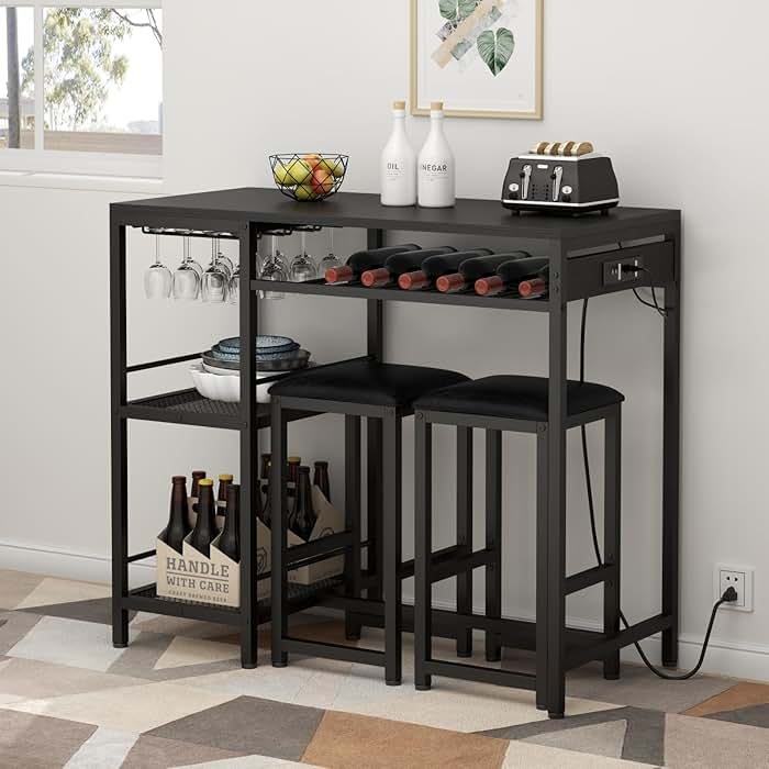 Gyfimoie Bar Table and Chairs Set with Power Outlet, Pub Table and Chairs Set for 2 with 2 Storage Shelves, 3 Piece Table Set with Wine Rack&Glass Holder for Living Room,Dining Room,Small Apt (Black) - Product Image