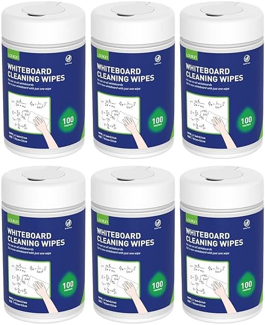 Loukin Whiteboard Cleaning Wipes, Dry Erase Board Cleaning Wipes, Non-toxic White board Wipes, 100 Wipes per Canister, 6 Pack - Product Image