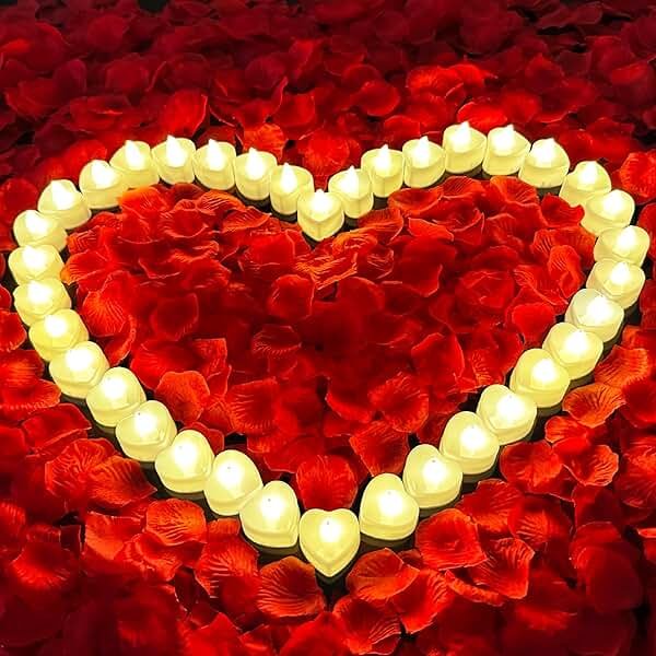 3000Pcs Red Rose Petals with 36Pcs LED Tea Lights Candles, Romantic Gifts for Her, Special Night, Date Night Ideas, Wedding, Anniversary, Proposal - Product Image
