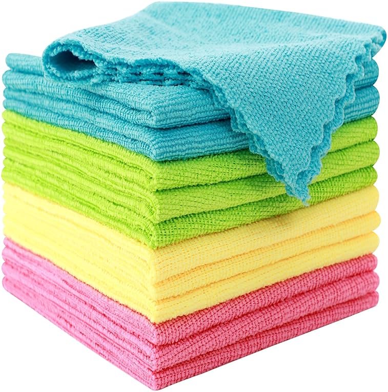 MOONQUEEN 12 Pack Microfiber Cleaning Cloth - Reusable Cleaning Rag, Fast Drying Cleaning Towels,12"X12", Green/Blue/Yellow/Pink - Product Image