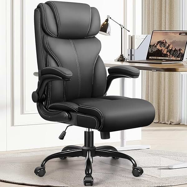 HeroSet Office Chair, Ergonomic Big and Tall Computer Desk Chairs, Executive Breathable Leather Chair with Adjustable Flip-up Armrests, Lumbar Support Swivel PC Chair with Rocking Function,Matte Black - Product Image