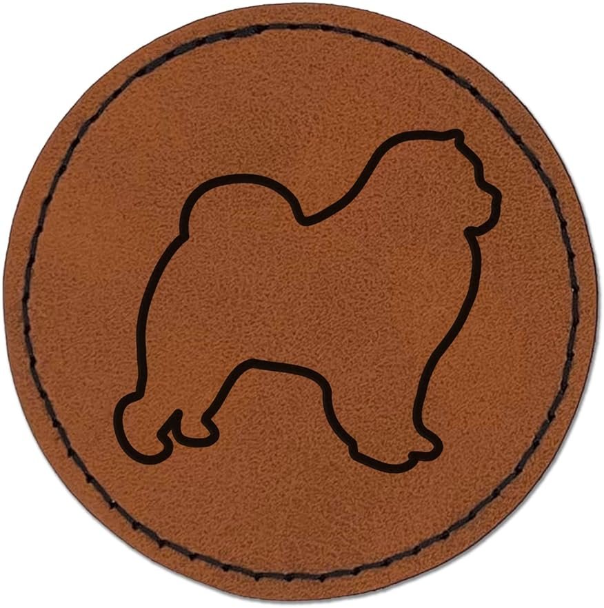 Chow Chow Dog Outline Round Iron-On Engraved Faux Leather Patch Applique - 2.5 Inch - Brown - Product Image