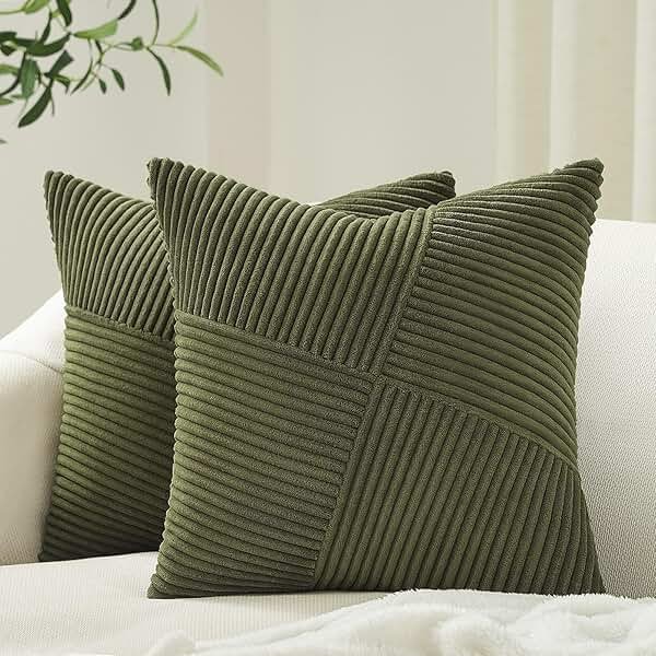 Topfinel Olive Green Decorative Throw Pillow Covers Set of 2 18x18 Inches for Couch Bed Sofa, Boho Aesthetic Home Decor, Soft Corduroy Striped Patchwork Windmill Textured Cushion Cases 45x45 cm - Product Image