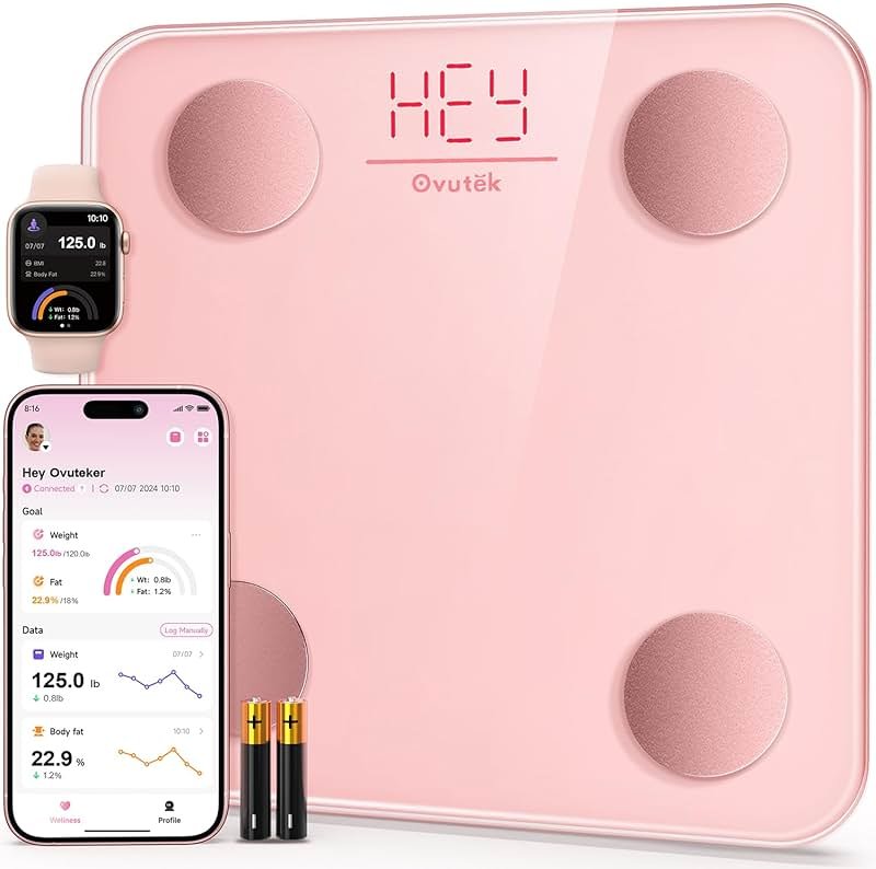 Ovutek Smart Scale for Body Weight, Digital Bathroom Scale BMI Weighing Body Fat Scale, Accurate Body Composition Scale Monitor for People's Health with Smartphone App, Compact Size, 400lb (Pink) - Product Image