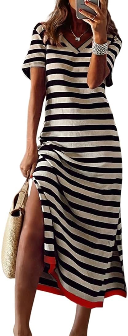 Dokotoo Womens Summer Casual Trendy 2026 Short Sleeve Maxi Dress Striped Split Vacation Color Block T Shirt Dress - Product Image