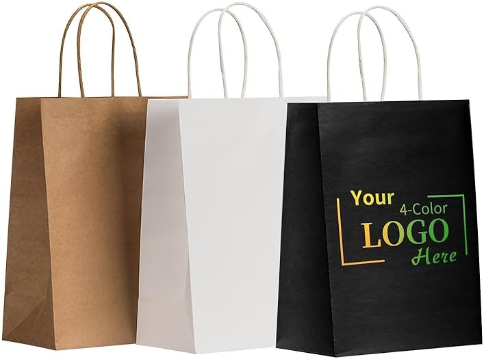 RACETOP 50 PCS Custom Paper Bags with Logo for Small Business, 8x4.5x10.8 Inch Medium Size, Personalized Gift Bags, Brown Shopping Paper bag with Handle, White Goodie Bag, Bulk - Product Image