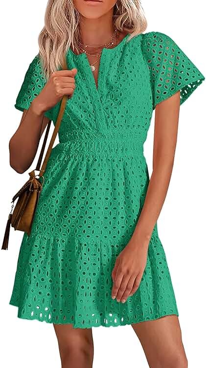 PRETTYGARDEN Womens 2026 Summer Short Dress V Neck Short Sleeve A Line Hollow Out Lace Cute Casual Beach Party Spring Dresses - Product Image