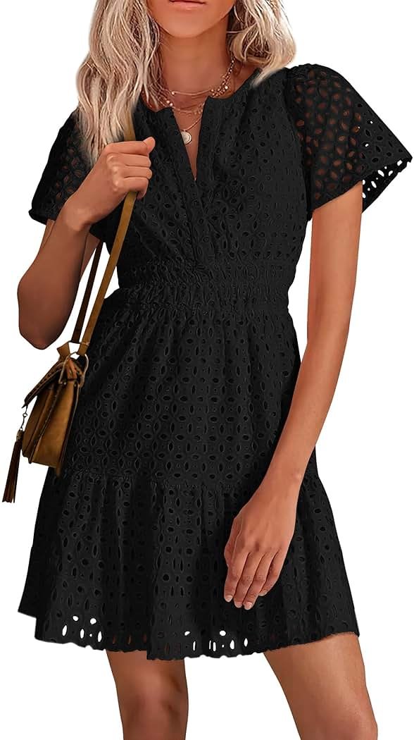 PRETTYGARDEN Womens 2026 Summer Short Dress V Neck Short Sleeve A Line Hollow Out Lace Cute Casual Beach Party Spring Dresses - Product Image