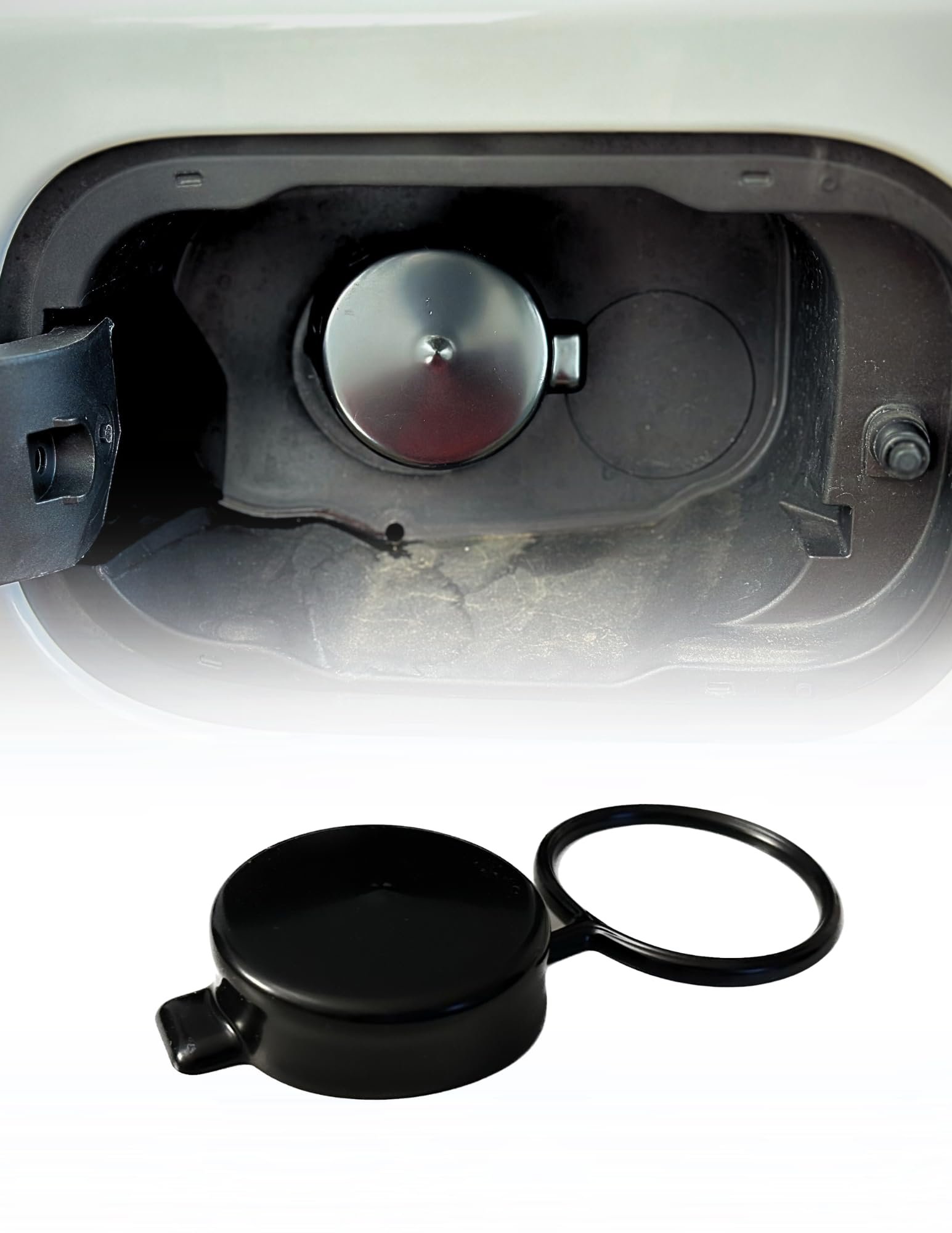 Cap & Shield Tethered 2.375inch ID, Capless Gas Cap Dirt, Water & Dust Cover and Fuel Funnel Bundle Compatible With GMC, Chevrolet, Buick & Cadillac - Product Image