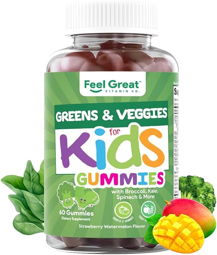 Feel Great Super Green Gummies for Kids | Fruit and Vegetable Gummies | Vegan Veggie Gummy Multivitamin for Kids | Veggie Fiber Supplement | 60 Count - Product Image