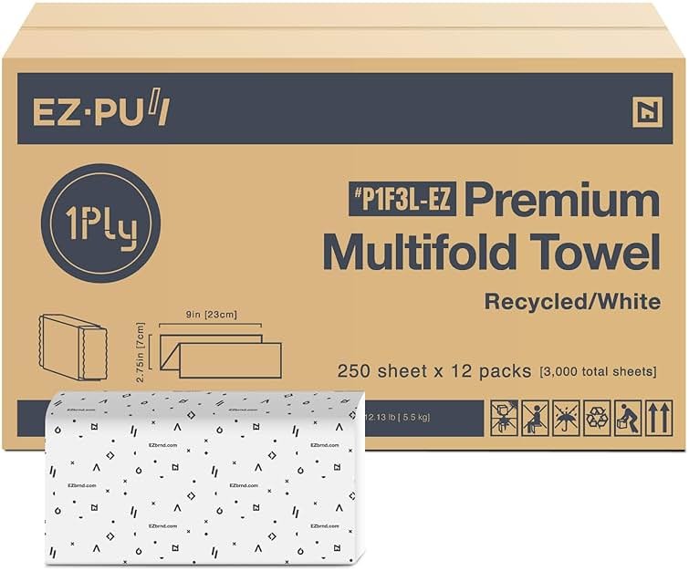EZ-Pull Premium 1ply MULTIFOLD Paper Towels, FSC certified Recycled/White, 250 Sheets x 12 pk, P1F3L-EZ - Product Image