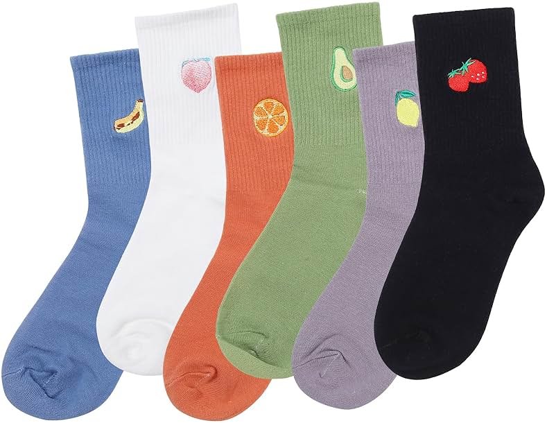 MeiLiZuRL Fruit Socks Cute Socks for Women Crew Socks Cotton Embroidered Banana Avocado Strawberry 4-6pairs - Product Image