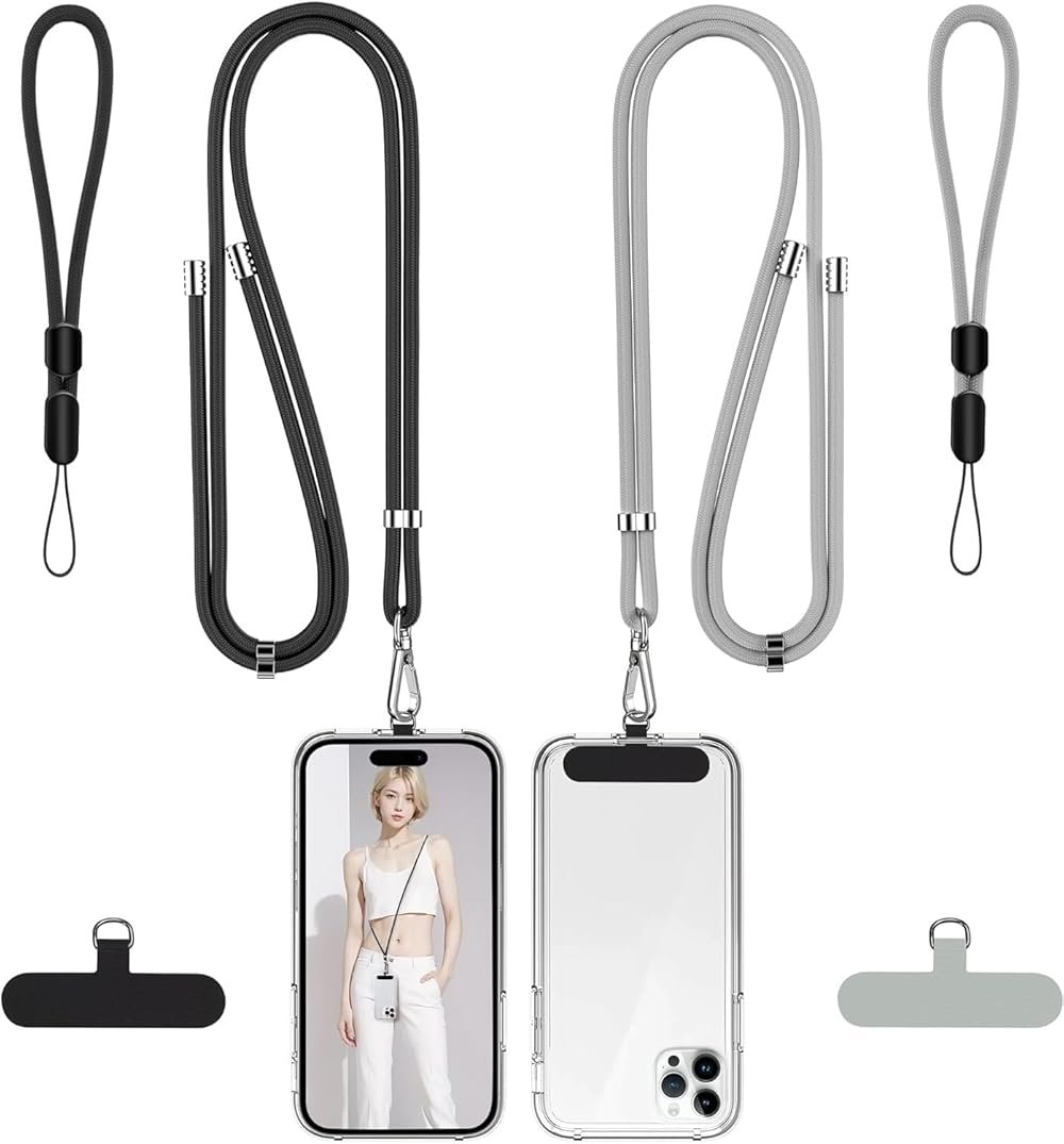 takyu Phone Lanyard, 2 Pack Adjustable Cell Phone Lanyard Crossbody Neck Strap & 2 Pack Phone Wrist Strap with 2 Pcs Tether Tabs Compatible for iPhone Android Smartphones-Black Grey - Product Image