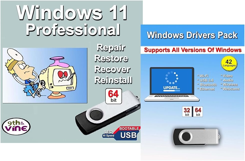 9th & Vine Compatible with/Replacement for Windows 11 Professional 32/64 bit USB With Key. Install, Upgrade, Recover, Repair and Restore Plus Windows Drivers USB. 2 Pack - Product Image