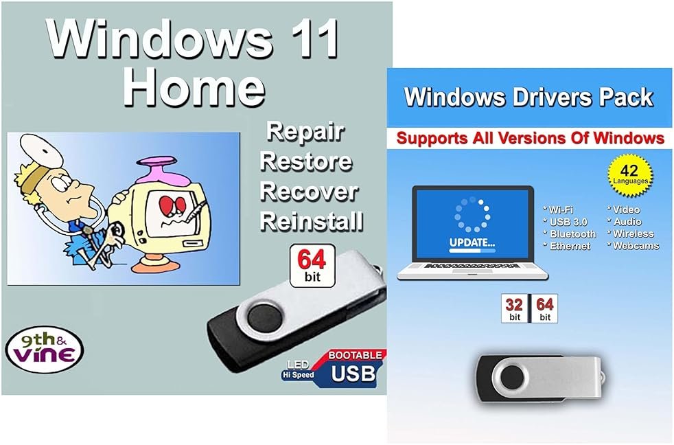 9th & Vine Compatible with Windows 11 Home 32/64 bit USB With Key. Install, Upgrade, Recover, Repair and Restore Plus Windows Drivers USB. 2 Pack - Product Image