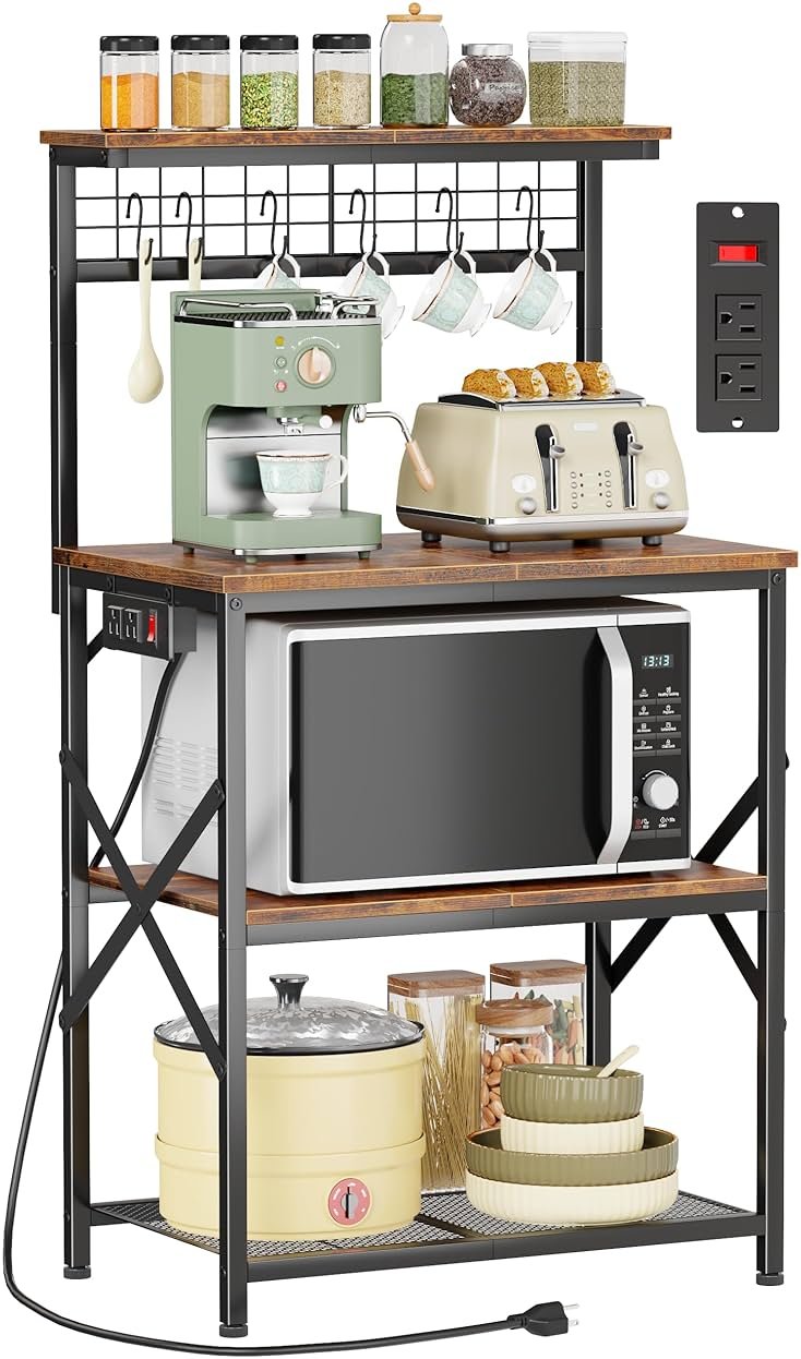 Furologee Kitchen Bakers Rack with Power Outlet, Microwave Oven Stand with Storage 4 Tiers, Coffee Bar Table with 6 S Hooks, Kitchen Storage Shelf Rack for Spices, Pots, Rustic Brown - Product Image