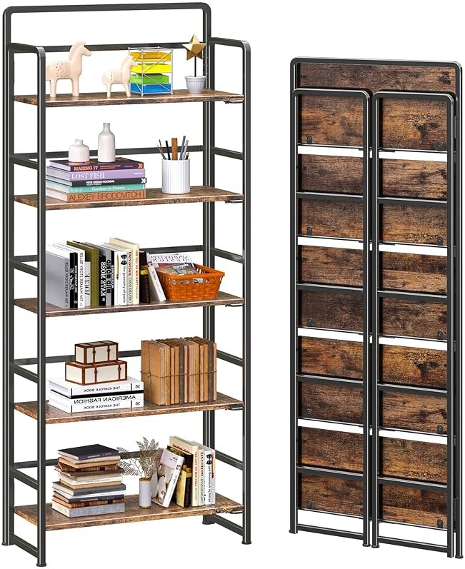 4NM No Assembly 5 Tiers Folding Bookshelf Storage Shelves Vintage Bookcase Standing Racks Study Organizer Home Office (Rustic Brown Black) - Product Image