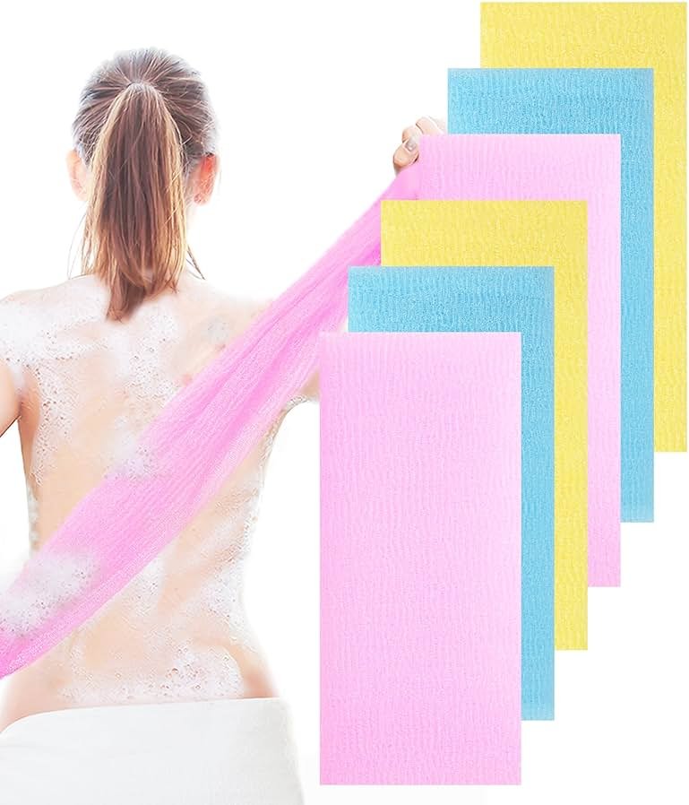 6 PCS Exfoliating Washcloth, 35 Inch 3 Colors Nylon Bath Exfoliating Towel for Shower, Colorful Japanese Washcloth, Exfoliating Body Scrubber (Blue, Yellow, Pink) - Product Image
