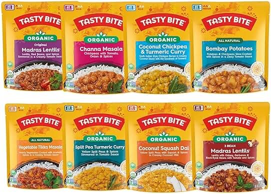 Tasty Bite Variety, Pack of 8, Madras Lentils, Bombay Potatoes, Vegetable Tikka Masala, Channa Masala, 3Bean Madras Lentils, Split Pea & Turmeric Curry, Coconut Squash Dal, Chickpea Coconut and Turmeric Curry - Product Image