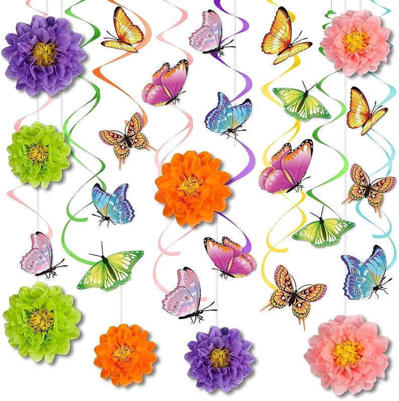 Pasimy 62 Pcs Spring 3D Flower Butterfly Hanging Swirls Decorations Butterfly Cutouts with Floral Paper Ball Colorful Ceiling Streamers for Birthday Summer Easter Party Baby Shower Wedding Home - Product Image