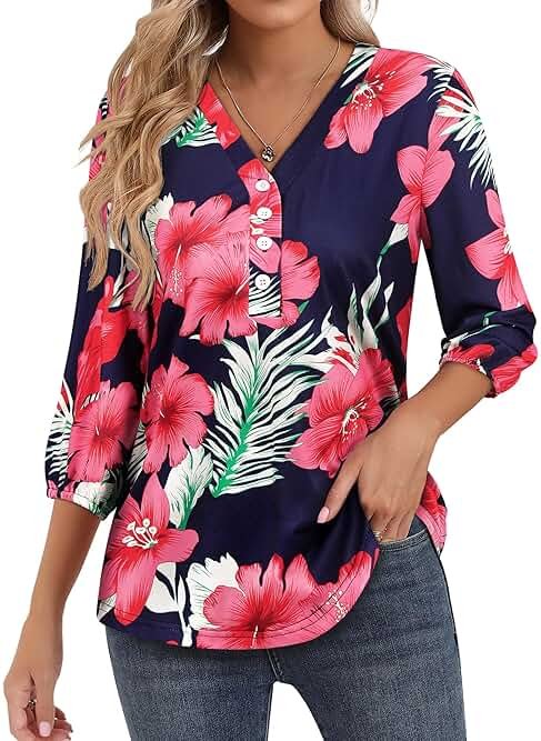 SLEITY Womens 3/4 Sleeve Hawaiian Shirts V Neck Summer Floral Printed Shirt Casual Buttons Down Soft Tunic Tops - Product Image