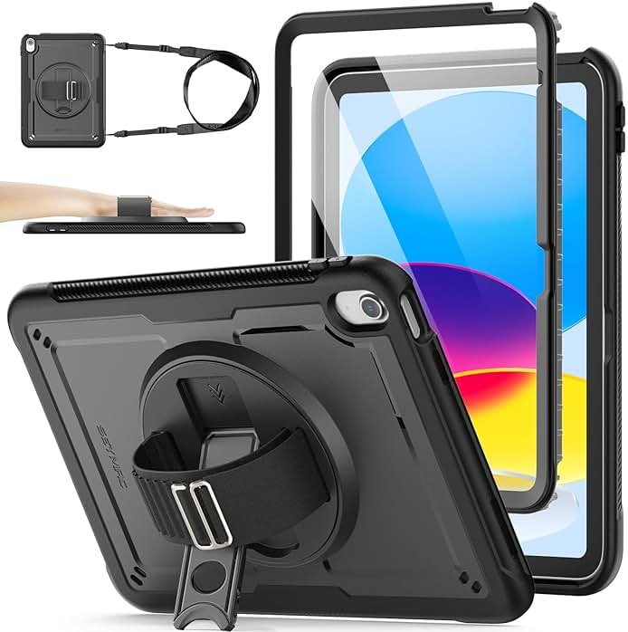 SEYMAC stock Case for iPad A16 11-inch Case 2025/ for iPad 11th/ 10th Generation 10.9'' 2022, Protective with Screen Protector, Pen Holder, Rotate Stand, Loop Nylon Hand Strap, Shoulder Strap, Black - Product Image