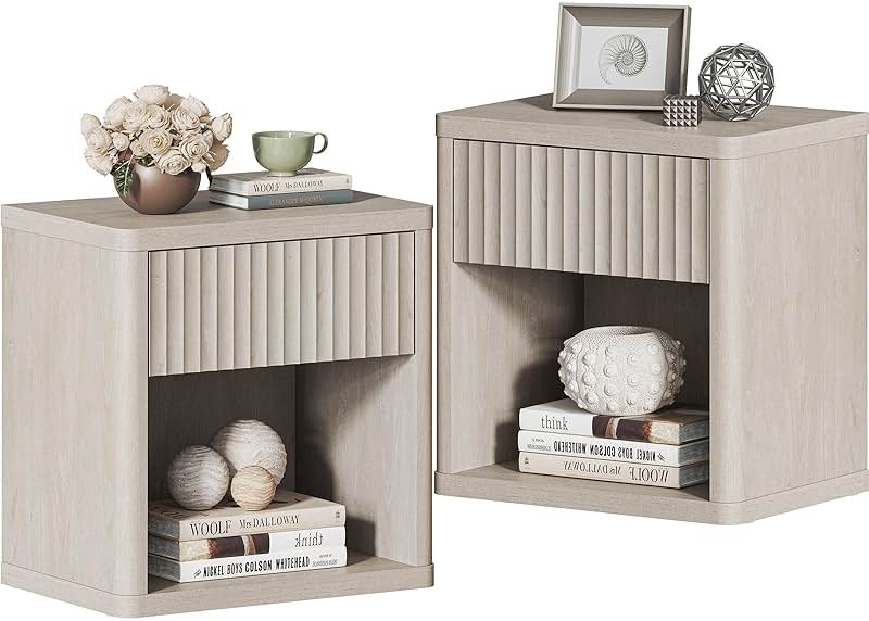 SICOTAS Night Stand Set of 2 Nightstands with Drawer Storage Fluted Bed Side Table End Table Large Modern Wide Bedside Stand Mid Century Night Stands for Bedroom Living Room Sofa Office, White Alder - Product Image