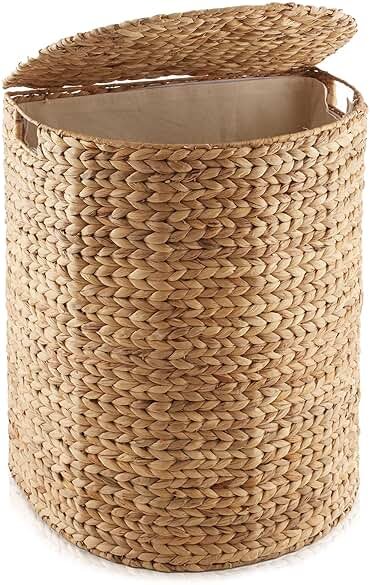 Casafield Half Moon Laundry Hamper with Lid and Removable Liner Bag - Natural, Woven Water Hyacinth Laundry Basket for Clothes and Towels - Product Image