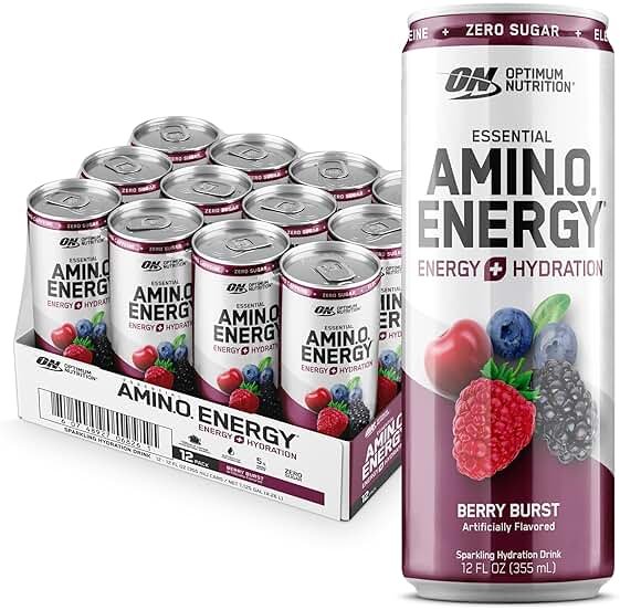 Optimum Nutrition Amino Energy Sparkling Hydration Drink, Electrolytes, Caffeine, Amino Acids, BCAAs, Sugar Free, Berry Burst, 12 Fl Oz, 12 Pack - Product Image