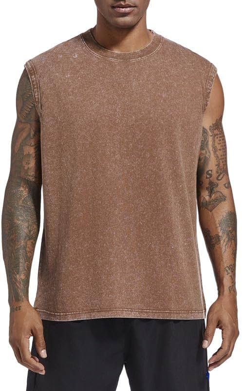 Wrenpies Mens Cotton Workout Gym Tank Top Sleeveless Cut Off Muscle Shirts Acid Wash Tshirts Running Beach Loose Fit Tees - Product Image