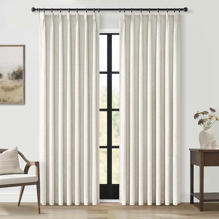 Topfinel Pinch Pleat Full Blackout Curtains & Drapes 84 Inch Length 2 Panels Set, Flax Linen Room Darkening Soundproof Curtains with Hooks Rings for Bedroom Living Room Track System, Beige Ivory Cream - Product Image