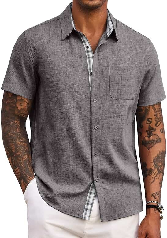 COOFANDY Men's Button Down Shirts Short Sleeve Casual Summer Beach Vacation Wedding Shirt with Pocket - Product Image