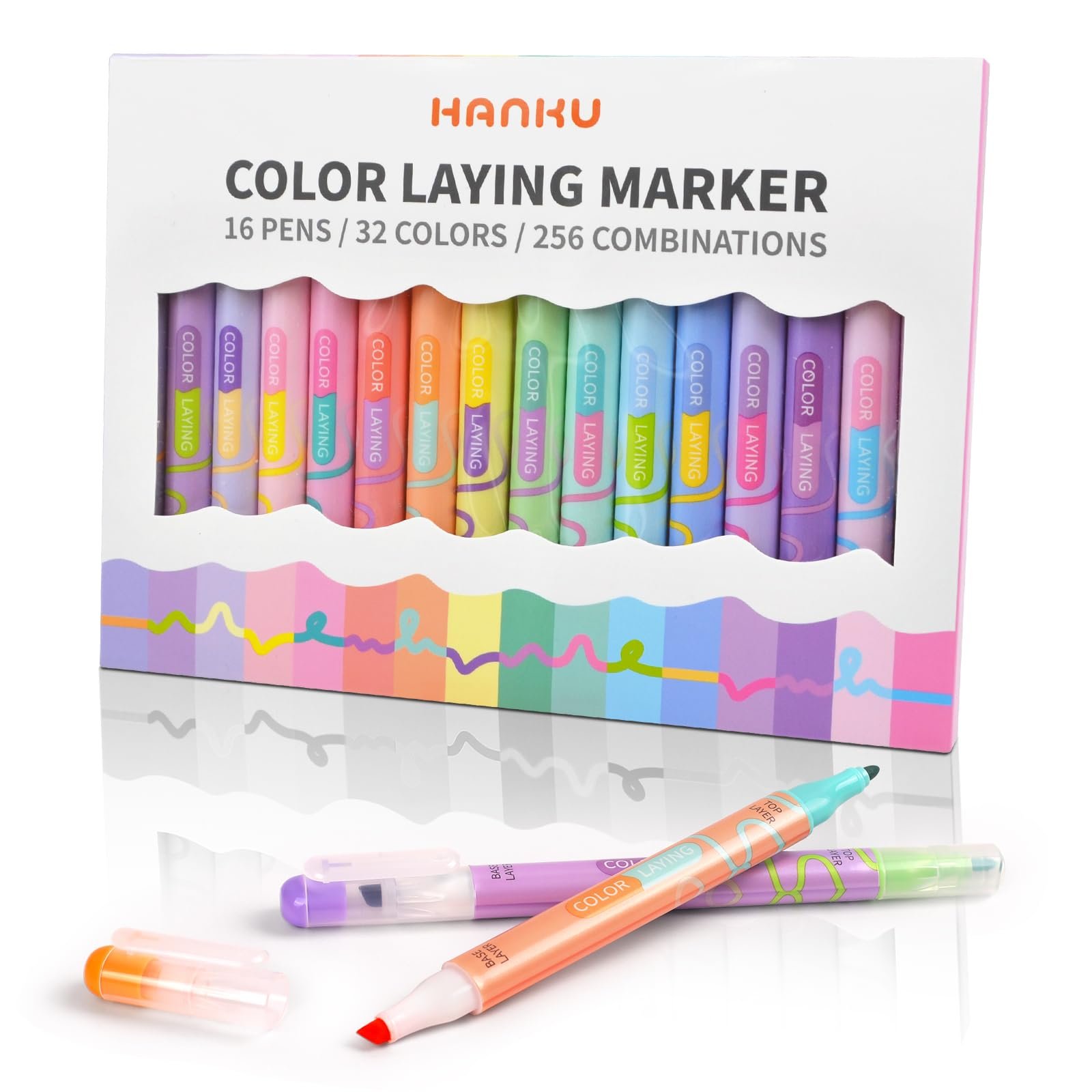 HANKU Color Layering Double Sided Markers, 16pcs 32 Colors Dual Tip Magic Markers, Broad and Fine Tips, Color Changing Washable Markers, Dry-Quickly Non-Toxic Pens for Bullet Journal, Coloring Books - Product Image