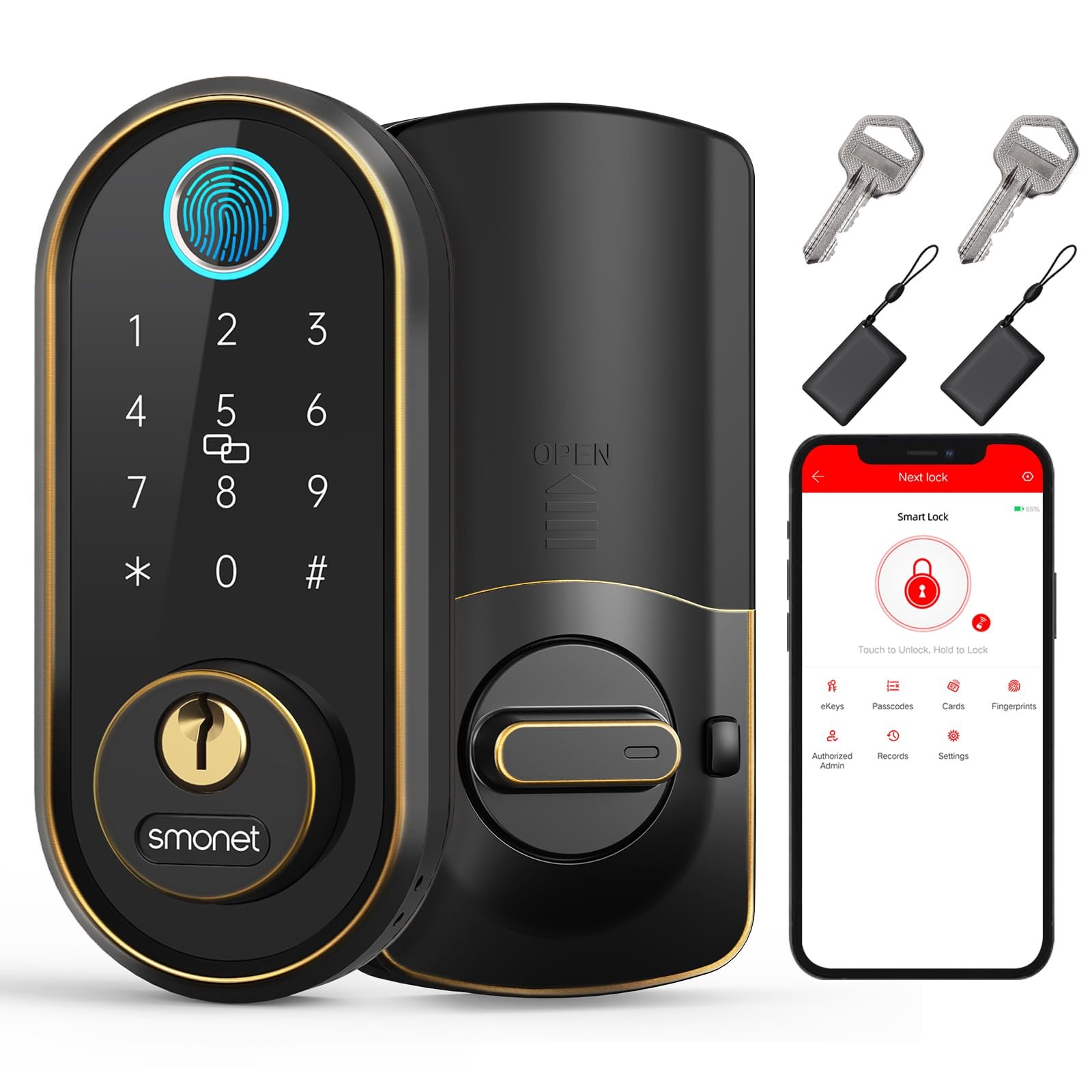 Smart Keyless Entry Door Lock - Fingerprint Electronic Deadbolt Touchscreen Keypad SMONET Biometric Digital Bluetooth Door Lock Smart Deadbolt Compatible with Alexa for Homes and Hotel - Product Image