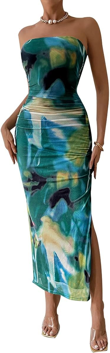PRETTYGARDEN Women's Summer Wedding Guest Dress Strapless Tube Top Maxi Bodycon Long Floral Mesh Beach Vacation Party Dresses - Product Image