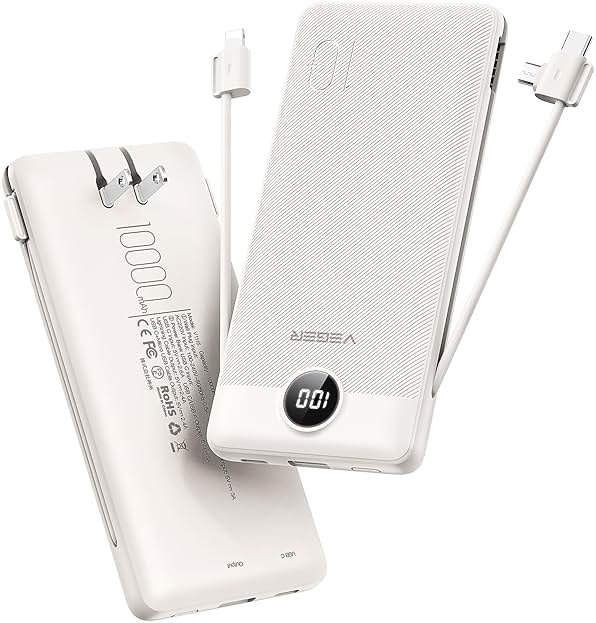 VEGER Portable Charger with Built-in AC Plug and Cables, All in One 10000mAh Ultra Slim Power Bank Emergency Fast Charging for Travel Battery Pack Compatible with iPhone, Samsung, Android, Coffee - Product Image