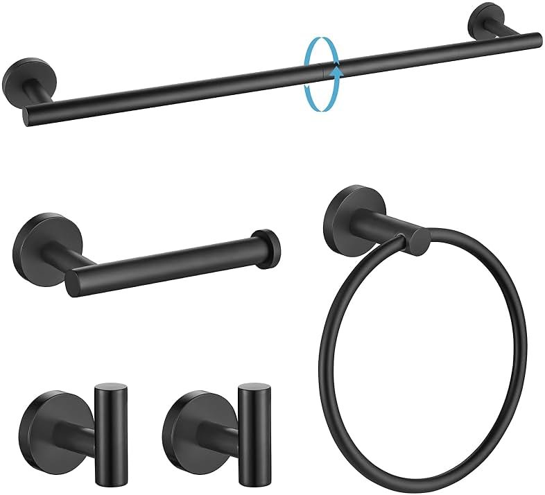 TURS Matte Black Bathroom Hardware Set 5 Piece, SUS304 Stainless Steel Bath Towel Bar Set, 24 Inch Bathroom Accessories Kit Wall Mounted - Product Image
